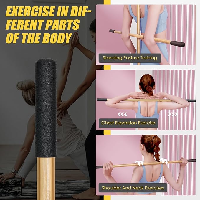 Bamboo Stretch Yoga Stick, 5ft/149 cm, Flexibility Stick for Physical Therapy, Premium Yoga Dowel with Super Sturdy Rubber Handle Ends, Exercise Bar for Posture Corrector