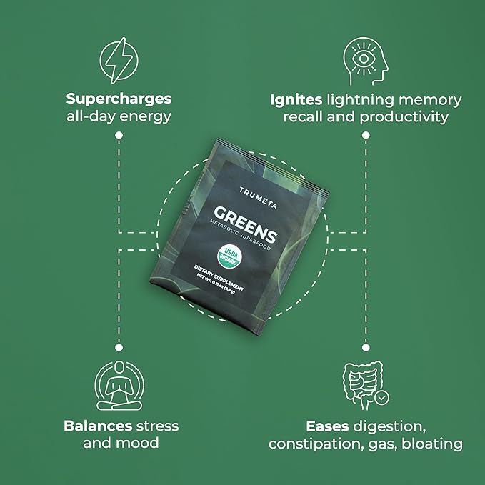 Greens Powder Travel Packs - 14 Servings for Memory, Digestion I Best Taste Super Greens Powder with Organic Spirulina, Goji, Beetroot, Pomegranate I Vegan, Non-GMO