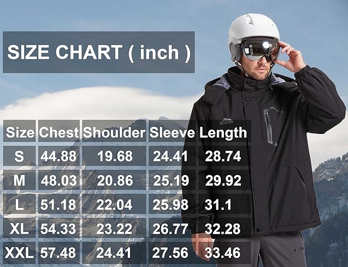 ELLSWOS Men's Waterproof Ski Jacket Winter Snow Coat Warm Hooded Raincoat Windproof Windbreakers