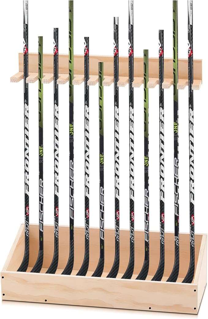 Leinuosen Hockey Stick Holder Wall Mounted and Vertical 2 in 1 Wooden Ice Hockey Rack Organizer Storage and Display Large Capacity Organizer Holds up to Sticks for Player Gifts