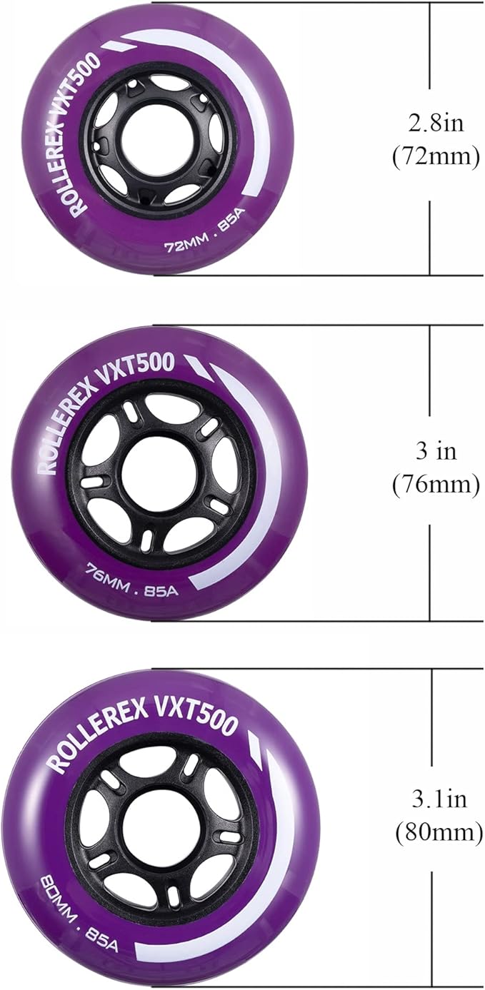 Rollerex VXT500 Inline Skate Wheels (8-Pack) (Various Size & Color Options Available) -Indoor Outdoor- Intended for Roller Blade Wheel Replacement