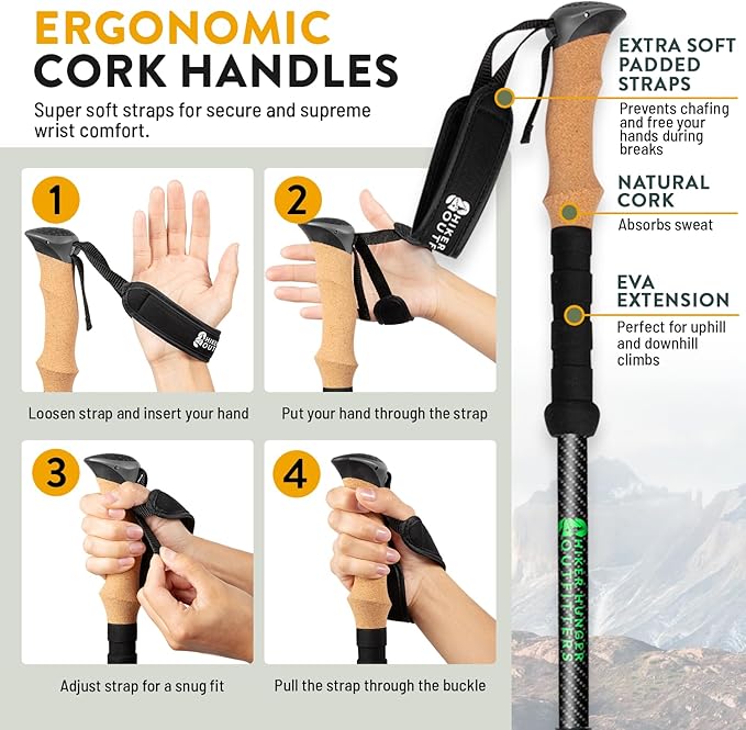 100% Carbon Fiber Trekking Poles by USA Brand - Ultra Strong Lightweight Collapsible Hiking Poles with Cork and EVA Foam Grips & Quick Adjustable Flip Locks