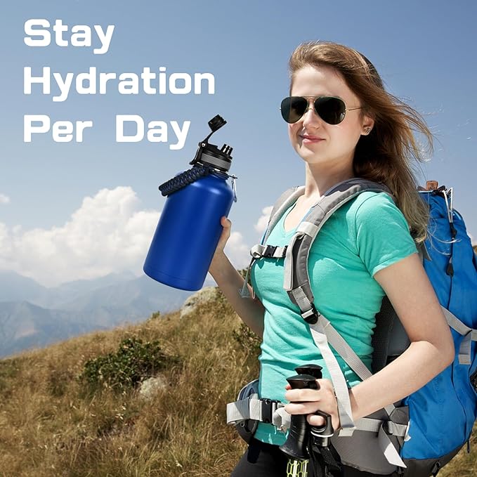 Insulated Water Bottle 64 oz, Half Gallon Water Jug Cold 48H, BPA Free Stainless Steel Bottles with Straw/Chug 2-in-1 Lid, Bag, Paracord Handle, Silicone Boot, Sports Gym School Metal Flask