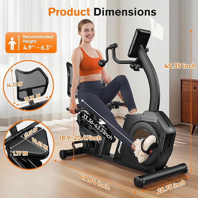 pooboo Recumbent Exercise Bike, Stationary Bikes for Home with Arm Exerciser, Magnetic Recumbent Bike with Ergonomic Backrest & Comfortable Seat, Smart APP, Pulse Sensor, 400LBS Weight Capacity