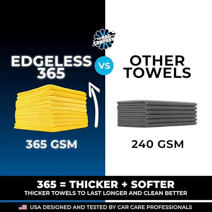 The Rag Company - Edgeless 365 Microfiber Towels (10-Pack) Premium 70/30 Blend, Professional Polishing, Wax Removal, Auto Detailing, 365gsm, 16in x 16in, Gold