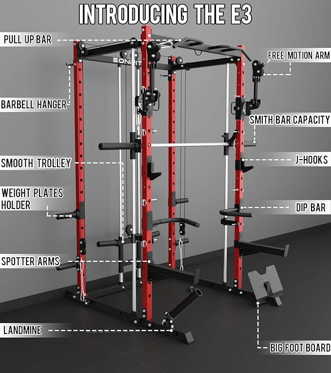 Eonfit E3 Smith Machine with 360°Rotating Arm for Home Gym Equipment, Multi-Function Power Cage Squat Rack with Cable Crossover LAT Pulldown Pulley System All in One