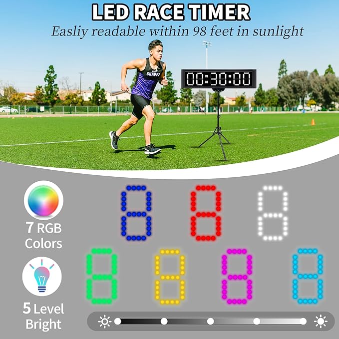 RGB 7 Colors LED Race Clock with Tripod for Running Events,Countdown Clock,Count UP,Stopwatch,with Remote Control and APP Control