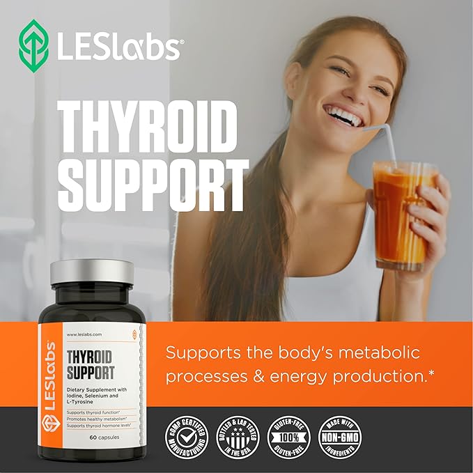 LES Labs Thyroid Support – Metabolic Health, Thyroid Hormone Production, Energy & Focus – Iodine, L-Tyrosine, Ashwagandha, Selenium & Turmeric – Non-GMO Supplement – 60 Capsules