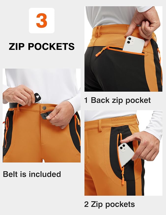 TBMPOY Men's Snow Ski Hiking Pants Waterproof Winter Fleece Lined Pants Camping Skiing Ice Fishing Pants with Belt