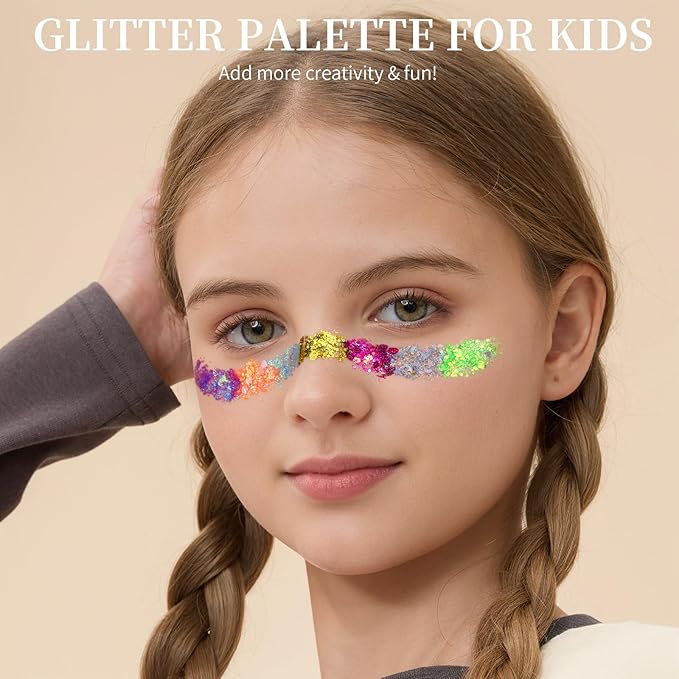 FANDAMEI 18-Color Face Glitter, Body Glitter Hair Glitter for Glitter Makeup, 2 PCS Glitter Gel 6 Color Themes, Chunky Glitter for Kids Women, Halloween Rave Concert Face Paint