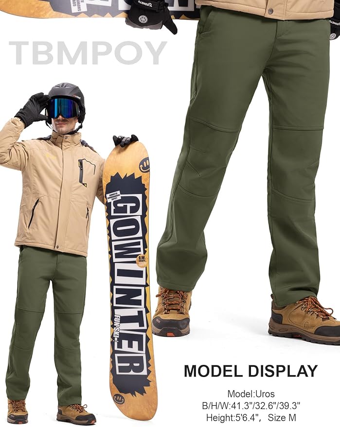 TBMPOY Men's Snow Ski Hiking Pants Waterproof Winter Fleece Lined Pants Camping Skiing Ice Fishing Pants with Belt
