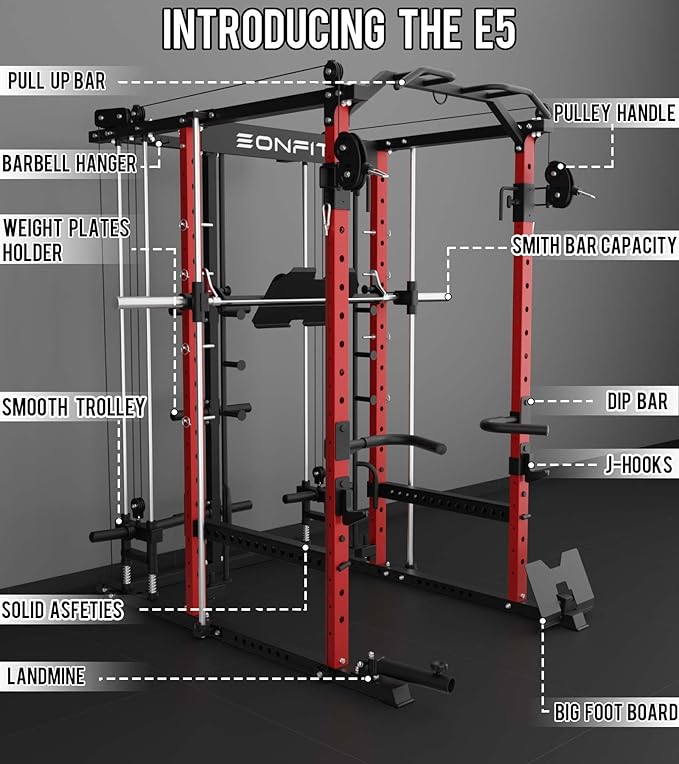 Eonfit E5 Smith Machine with Vertical Leg Press, Power Cage Squat Rack with LAT-Pull Down Cable Crossover Rotating Arms System Home Gym Equipment All in One (E5 RED)