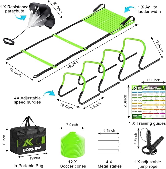Agility Speed Training Equipment Set - 20ft Speed Ladder, 12 Cones, 4 Adjustable Hurdles, Jump Rope, Parachute | Ideal for Basketball, Football, Soccer, for Kids, Youth, Adults