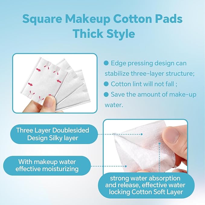 Square Cotton Pads for Face (1000 Count) - 100% Pure Cotton, Soft Lint-Free Makeup Remover Pads for Facial and Eye Use, Double-Sided Design to Save Water, Hypoallergenic (200 Thick & 800 Ultra-Thin)