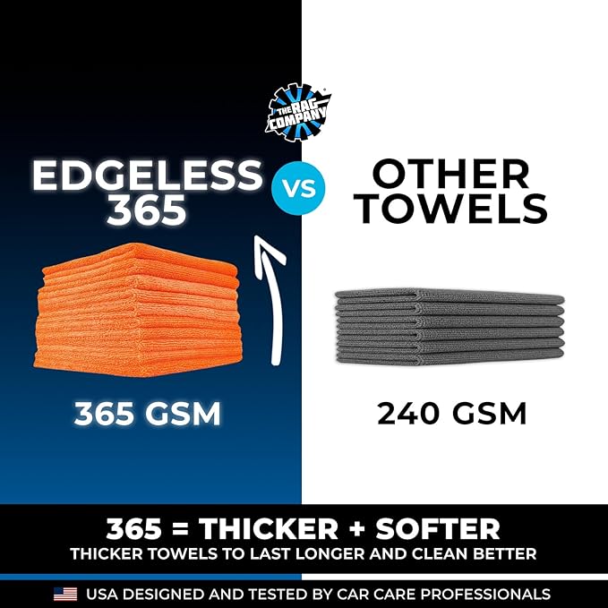 The Rag Company - Edgeless 365 Microfiber Towels (10-Pack) Premium 70/30 Blend, Professional Polishing, Wax Removal, Auto Detailing, 365gsm, 16in x 16in, Orange