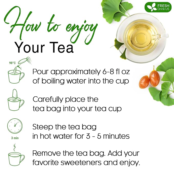 FreshDrinkUS, Premium 135 Ginkgo Biloba Leaf Tea Bags, 100% Natural & Pure from Ginkgo Biloba Leaves. Loose Leaf Herbal Tea. Made with Eco-Conscious Tea Bags. No Sugar, No Caffeine, No Gluten, Vegan.