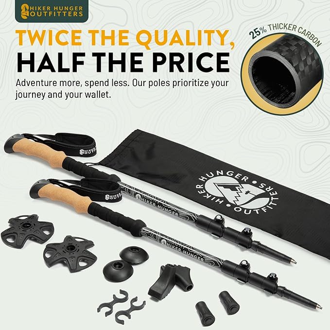 100% Carbon Fiber Trekking Poles by USA Brand - Ultra Strong Lightweight Collapsible Hiking Poles with Cork and EVA Foam Grips & Quick Adjustable Flip Locks