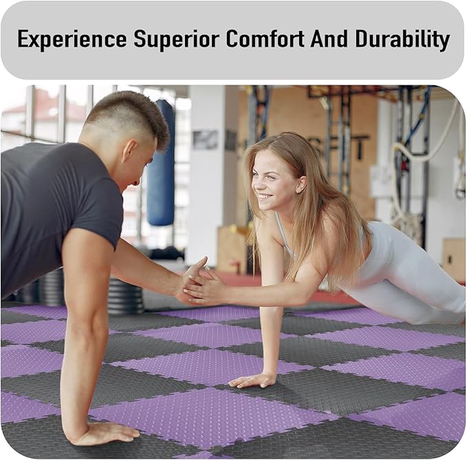 AIRHOP Upgraded 0.79" Extra Thick 48 Sq Ft High-Density Eva Foam Exercise Gym Mats, 12 Pcs Large Interlocking Puzzle Floor Tiles (24"x24") for Home Gym, Black&Purple