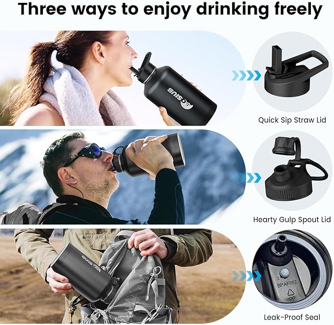 Insulated Water Bottle 87 oz, Triple Wall Vacuum Stainless Steel(Cold for 48 Hrs),Leak Proof & BPA-Free,Half Gallon Water Bottle with Reflective Paracord & Flip Straw for Sports & Travel, Black