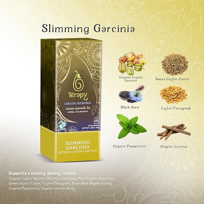 Tรฉrapy Ceylon All Day Slimming Tea | All Natural Herbal Ingredients featuring Garcinia Cambogia | Organic Herbal Slimming Tea Bags | Eco-friendly Individually Wrapped Tea Bags - 18 Count