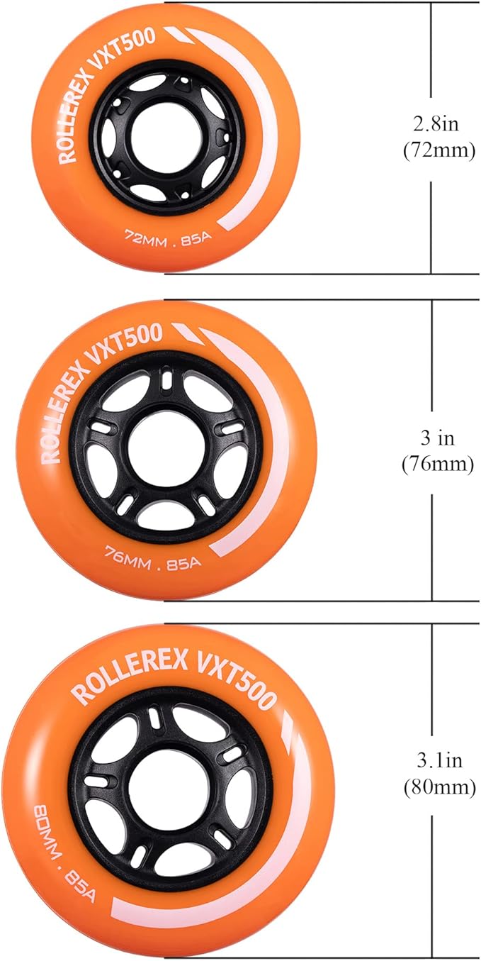 Rollerex VXT500 Inline Skate Wheels (8-Pack) (Various Size & Color Options Available) -Indoor Outdoor- Intended for Roller Blade Wheel Replacement