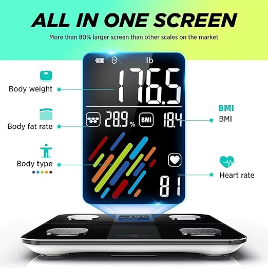 Runstar Smart Scale for Body Weight and Fat Percentage, High Accuracy Digital Bathroom Scale with Large Display for BMI Heart Rate 15 Body Composition Analyzer Sync with Fitness App 400lb