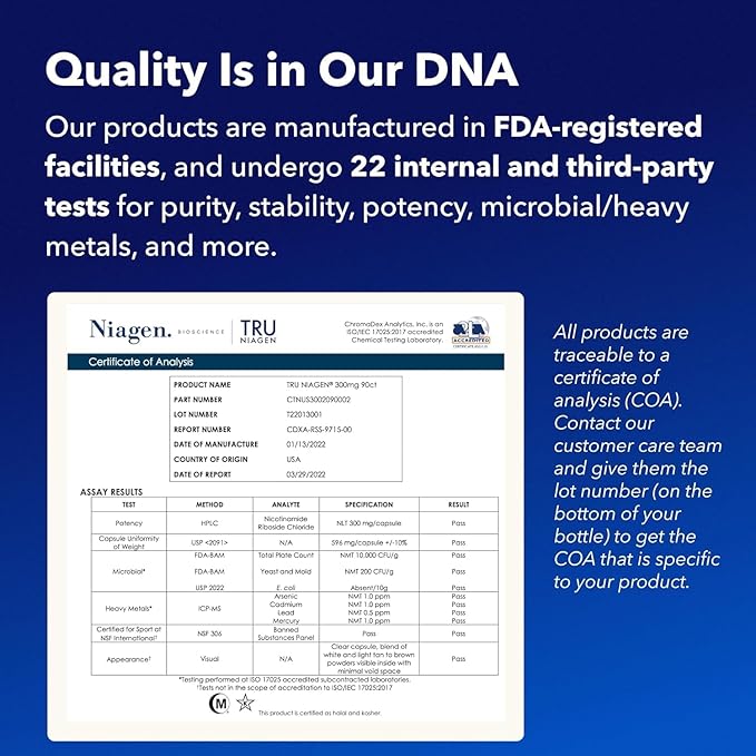 TRU NIAGEN Patented NAD+ Supplement for Anti Aging and Cell Regeneration, 300 mg Niagen, 30 Servings | Supports Cellular Energy, Brain, Muscle | Nicotinamide Riboside (NR) Take 1 Daily | 1 Bottle