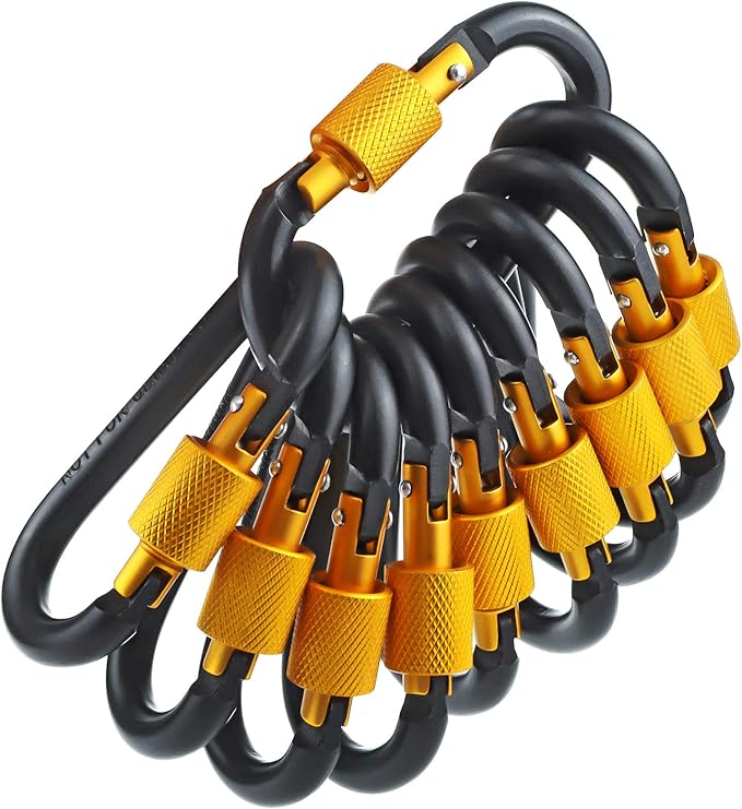 10 Pack Aluminum D Ring Key Rings Hiking Clips Locking Carabiner for Hiking Camping Fishing and Outdoor Use,Clips with Screw Gate Multicolored