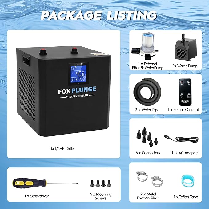 FOXPLUNGE Cold Plunge Chiller 1/2HP - 132 Gallons Water Chiller for Ice Bath Tubs with 2 Water Pumps, Filter & Hose, Remote Control, Quiet Cooling System for Home Muscle Recovery Use