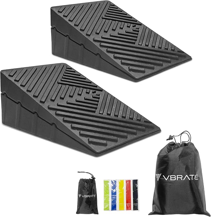 Adjustable Non-Slip Rubber Slant Board for Squats (4PC Squat Wedge Blocks) with 5 Resistance Bands ā Heel Elevated Calf Stretcher & Calf Raise Block for Strength Training, Mobility & Balance