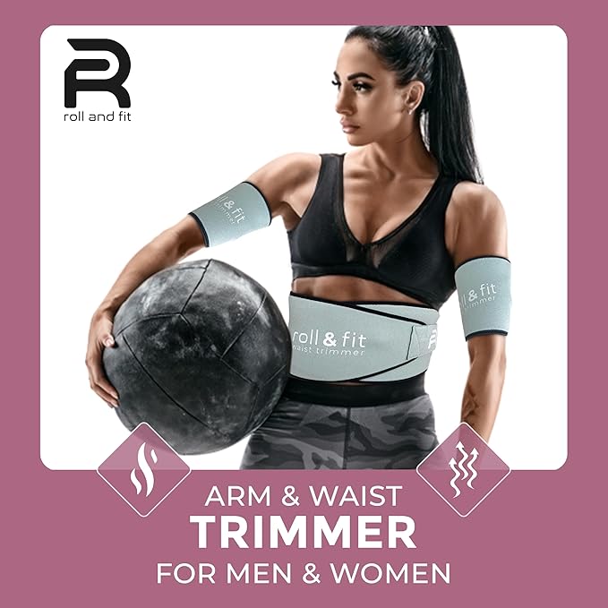 Roll & Fit Waist and Arm Trimmer for Women and Men – Back Support, Lightweight Sauna Sweat Belt and Arm Bands for Fat Burn