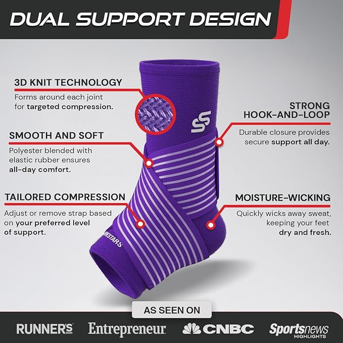 Sleeve Stars Ankle Brace for Women & Men, Ankle Wrap for Sprained Ankle, Compression Sleeve for Plantar Fasciitis Relief, Easy Customizable Support: w/Removable Strap (Single/L:12"-13"/Dark Purple)