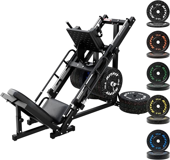RitFit Adjustable Leg Press and Hack Squat Machine with Weight Plate Set, Professional Home Gym Equipment with Linear Bearings, Specialized for Complete Lower Body Workouts and Weight Storage Posts