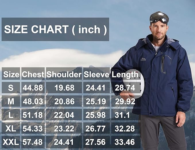 ELLSWOS Men's Waterproof Ski Jacket Winter Snow Coat Warm Hooded Raincoat Windproof Windbreakers