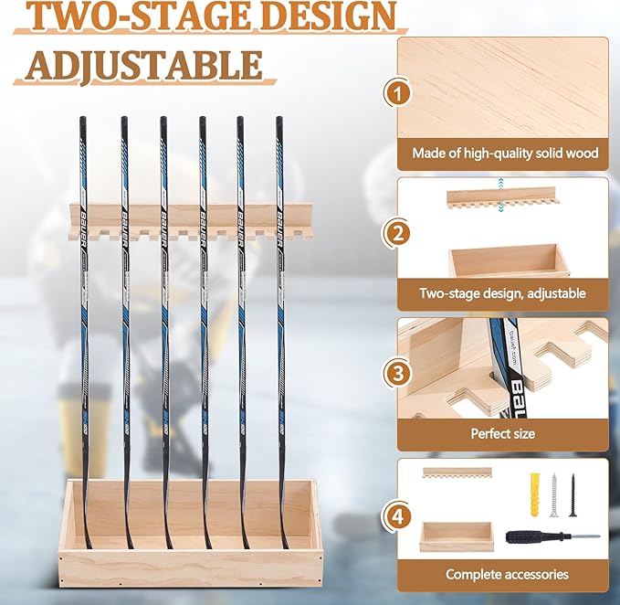 Leinuosen Hockey Stick Holder Wall Mounted and Vertical 2 in 1 Wooden Ice Hockey Rack Organizer Storage and Display Large Capacity Organizer Holds up to Sticks for Player Gifts
