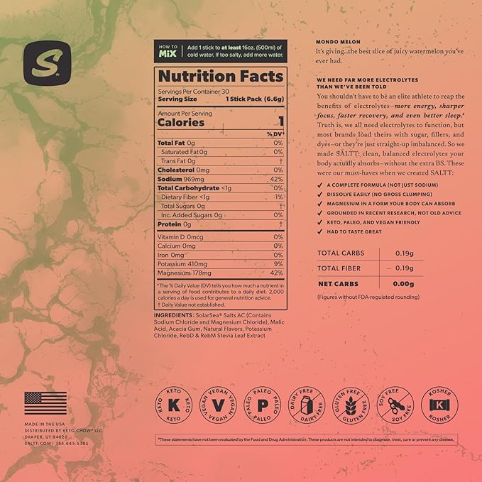 Keto Chow SALTT Electrolytes Powder Packets, Mondo Melon (30 Hydration Packets) - Magnesium, Potassium, Sodium, Trace Minerals - Vegan, Sugar Free, Gluten Free - Travel Essentials - Made in USA