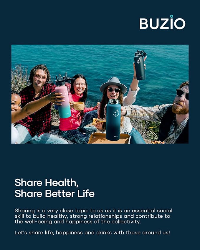 BUZIO 40 oz Water Bottle Insulated with Straw & 3 lid and Carrying Pouch, Leak Proof Anti-Slip Stainless Steel Water Flask Jug, Cold for 48 Hrs Double Vacuum Thermo Canteen, BPA-Free, Shadow