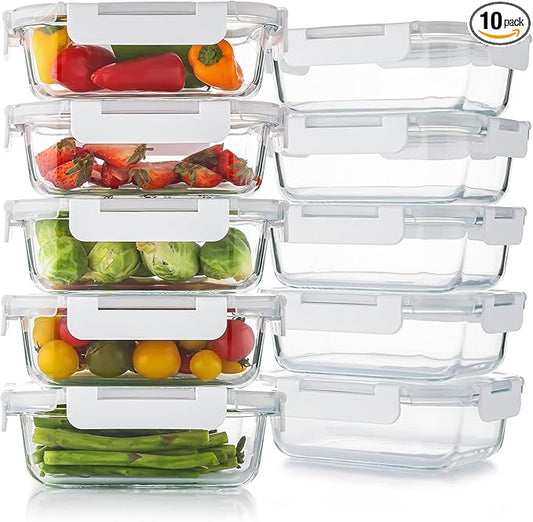 10 Pack 22 Oz Glass Meal Prep Containers with Lids, Reusable Glass Food Storage Containers with Lids, Leak Proof, Microwave, Oven, Freezer and Dishwasher Safe (White)