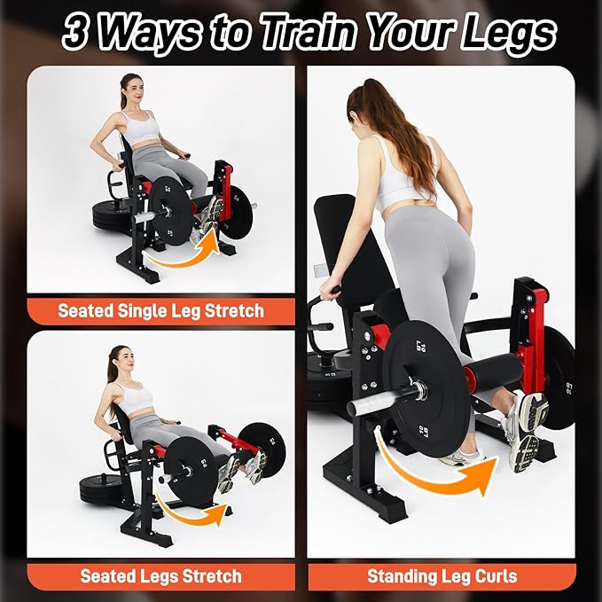 3 in 1 Leg Extension & Curl Machine, Separation Single Leg Extension, Stand Leg Curl, Leg Workout, Adjustable Bench, Plate Storage Rod, Compatible with 1'' & 2'' Weight Plates