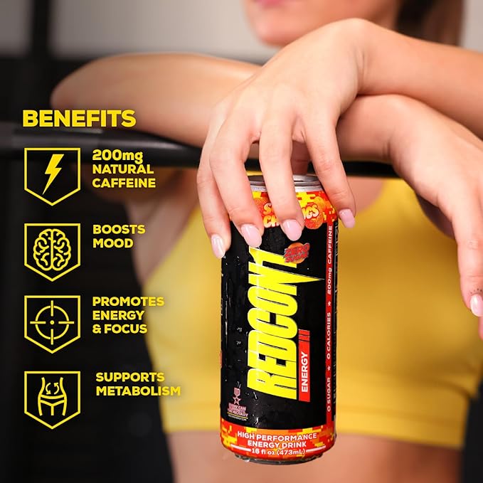 REDCON1 Energy High Performance Drink, Sour Peach Rings - Zero Sugar Energy Drink with Alpha GPC Nootropic - 200mg Natural Caffeine from Green Coffee Beans - Vitamin B6, B12 & B5 to Boost Mood (12 ct)