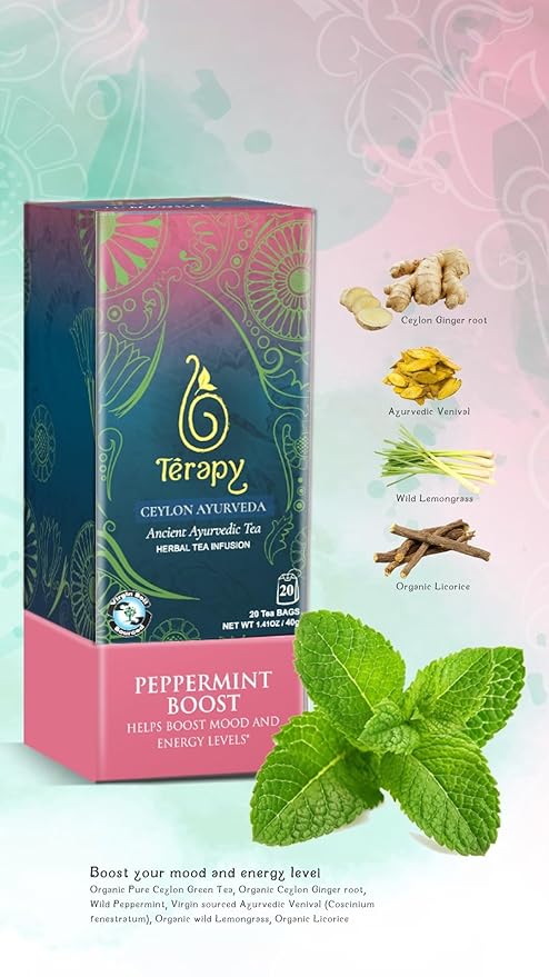 Tรฉrapy Ceylon Peppermint Tea | All Natural Herbal Ingredients | 100% Organic Peppermint Tea Bags Individually Wrapped | Eco-friendly & Unbleached Herbal Tea Bags | 20 Count