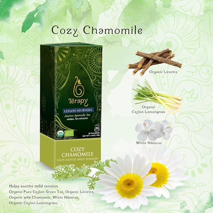 Tรฉrapy Ceylon CHAMOMILE TEA | USDA Organic Herbal Tea Bags | 100% Natural Ayurvedic Ingredients including Organic Chamomile, Ashwagandha, Cinnamon & Licorice| 20 Individually Wrapped Tea Bags