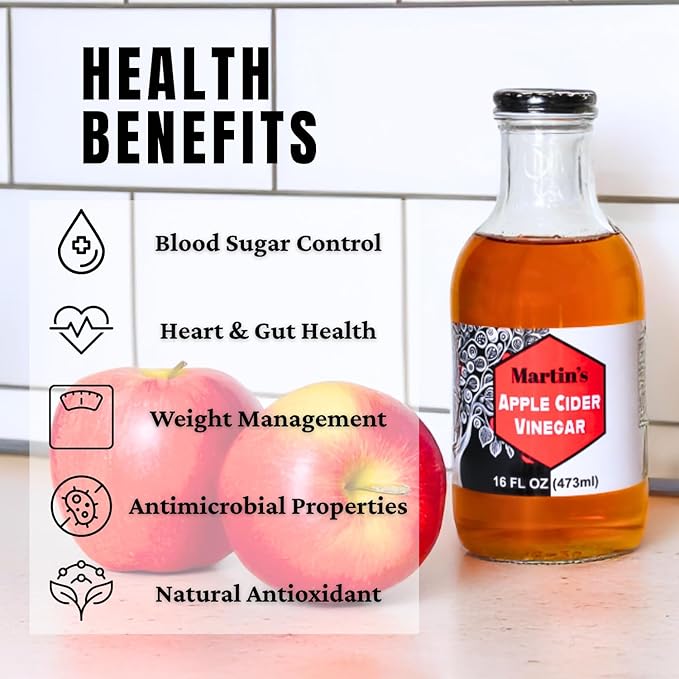 Slide Ridge Martin's Honey Apple Cider Vinegar | Crispy & Sweet | Wellness, Kitchen, & Household Staple | 16 oz (Pack of 6)