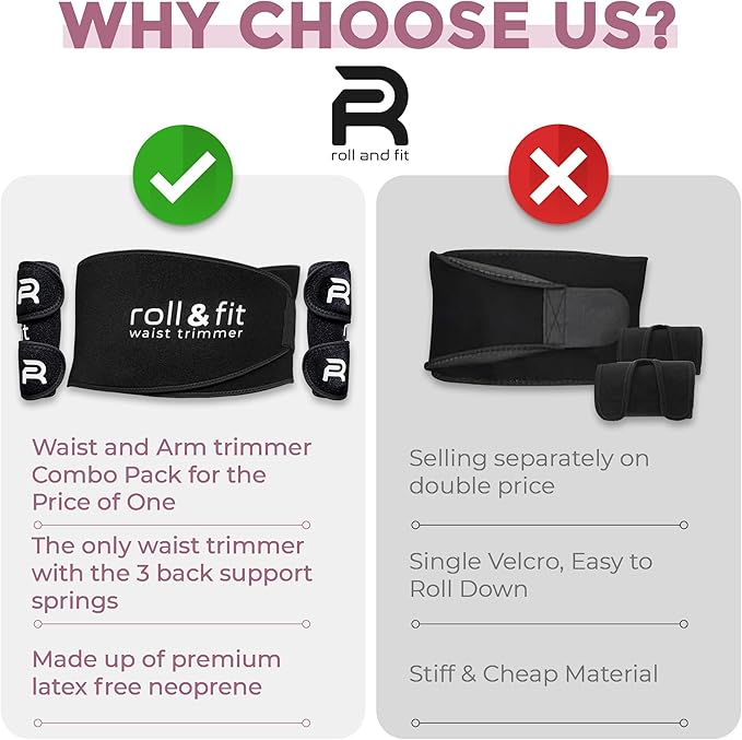 Roll & Fit Waist and Arm Trimmer for Women and Men – Back Support, Lightweight Sauna Sweat Belt and Arm Bands for Fat Burn