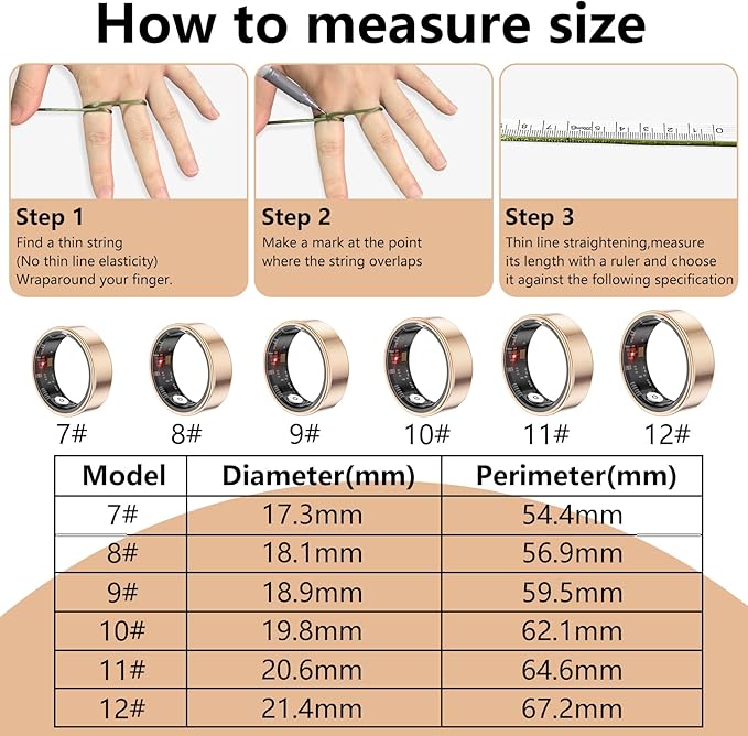 Thin Smart Ring for Fitness & Health Tracking -Heart Rate/Blood Oxygen Monitor, 5ATM Waterproof, Sleep Analysis, Pedometer -No APP Subscription Compatible with Smartphone (Rose Gold, 11)