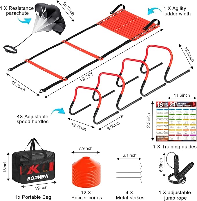 Agility Speed Training Equipment Set - 20ft Speed Ladder, 12 Cones, 4 Adjustable Hurdles, Jump Rope, Parachute | Ideal for Basketball, Football, Soccer, for Kids, Youth, Adults