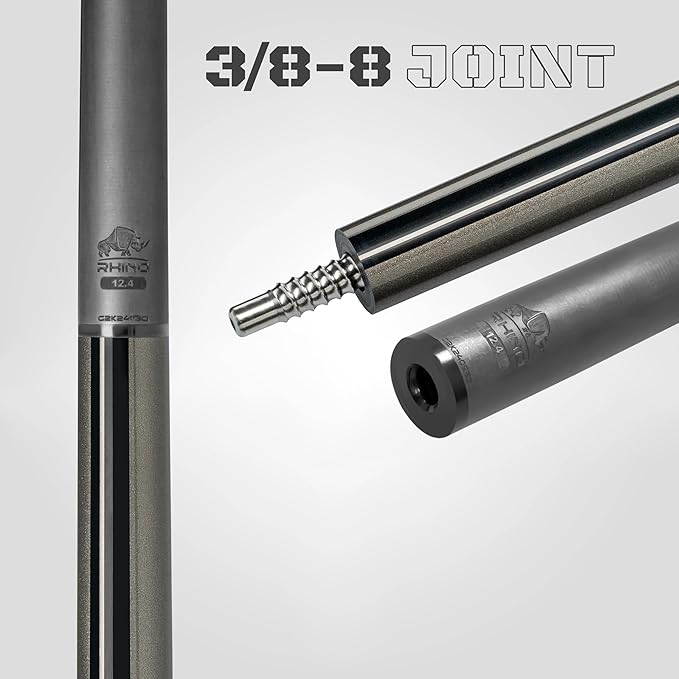 RHINO Nebula 2 Pool Cue - 100% Carbon Fiber Shaft & Composite Butt. Time Crystal Tip, Pro Taper Design, 12.4 mm,12.8 mm. 3/8-8 Joint, 3D Friction Grip. Low Deflection Pool Cue
