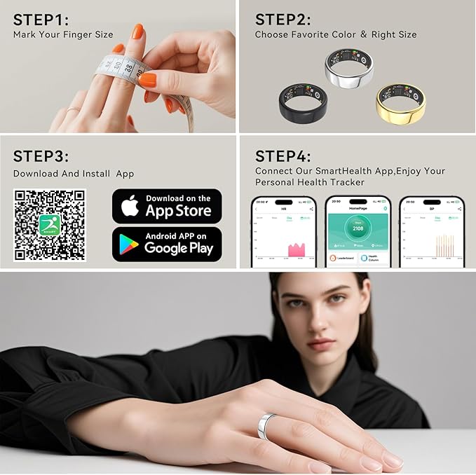Smart Rings for Women Men,Fitness Tracker Ring,Heart Rate,Blood Oxygen,Blood Pressure,Step Tracker,Sleep Monitoring,No Subscription Fee,IP68 Waterproof Smart Ring for iphone&Android(Silver 12)