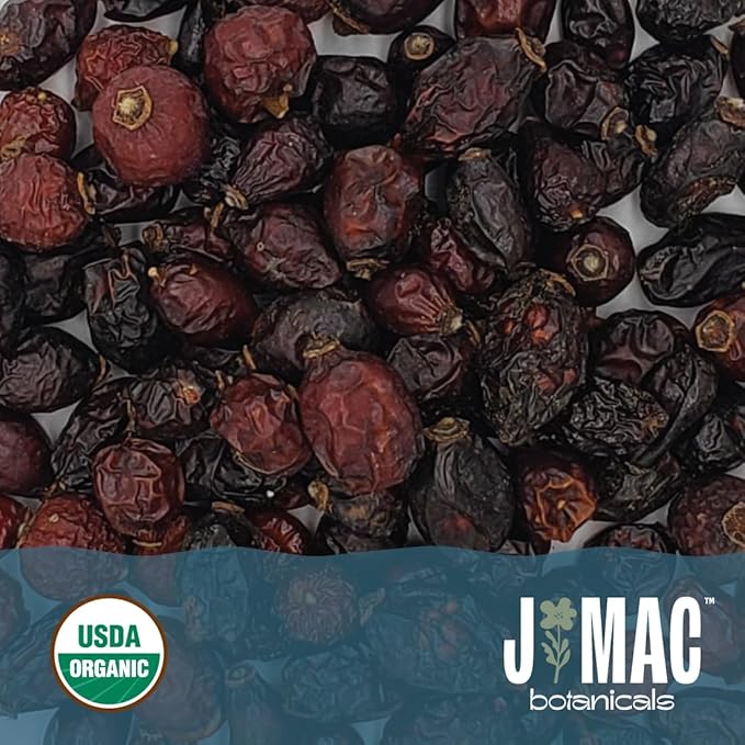 J MAC BOTANICALS Organic Rose Hips (8 oz Bag) Whole, natural organic dried rose hips for herbal tea, rosehips dried organic, rosehip tea, packaged in the USA