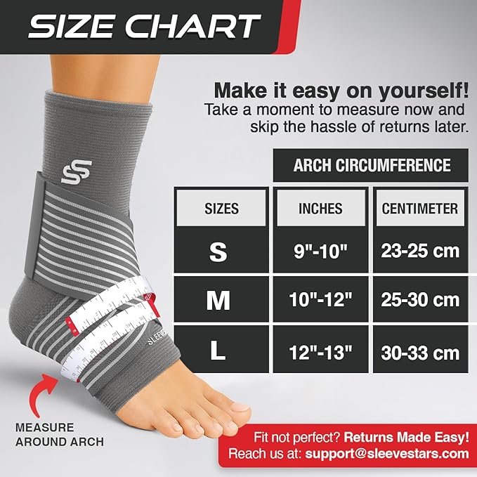 Sleeve Stars Ankle Brace for Women & Men, Ankle Wrap for Sprained, Compression Sleeve for Plantar Fasciitis Relief, Easy Customizable Support: w/ Removable Strap (Single/M:10"-12"/Gray)